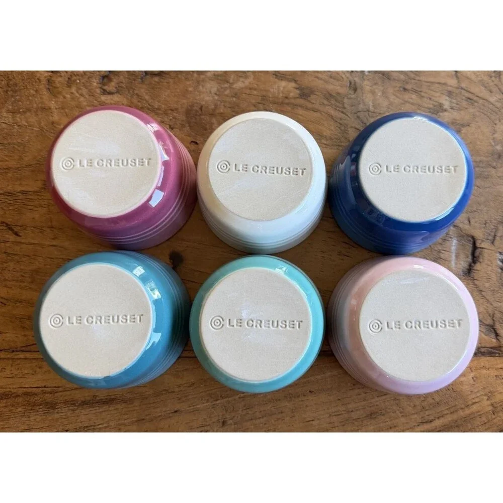 Le Creuset Stoneware Multicolor Set of 6 3.5oz Mini Ramekins Rose Q Mint NEW